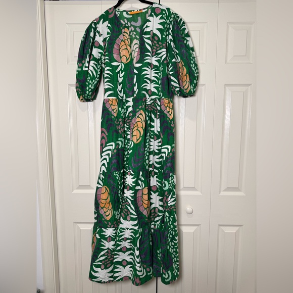 Oliphant Puff Sleeve Floral Maxi Dress Grenadine Green Pink Size Large - Picture 2 of 9